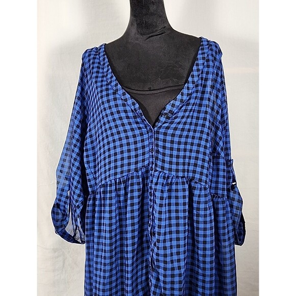 NWT - Torrid Plaid Shirt Dress Sheer w/ Liner Women Size 4 Blue Roll Tab Button - Picture 2 of 12